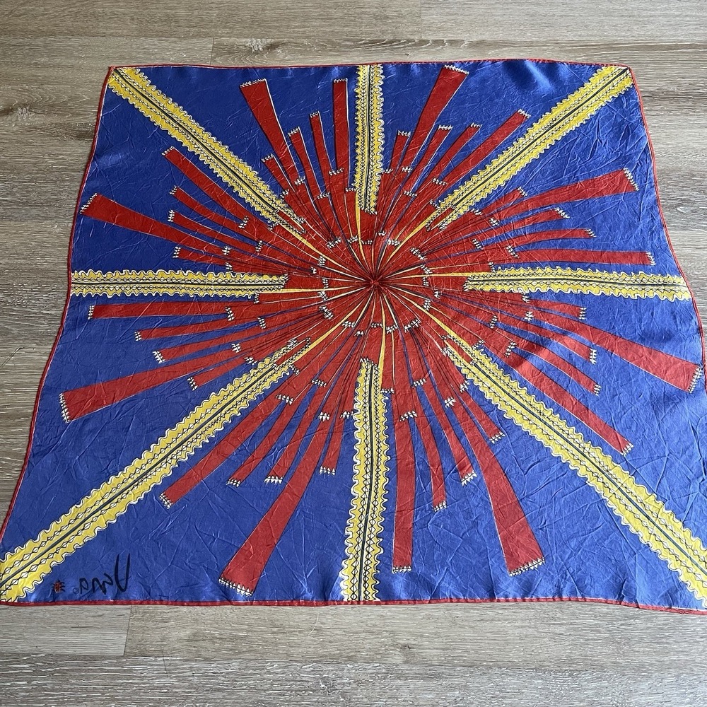 Vera Neumann Starburst Scarf Blue Red Gold Square 26" x 26" - Picture 5 of 5